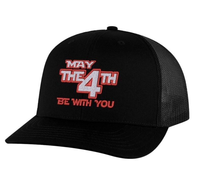 4th of July trucker hat with 'May the 4th Be With You' embroidery, mesh back, and snapback closure.