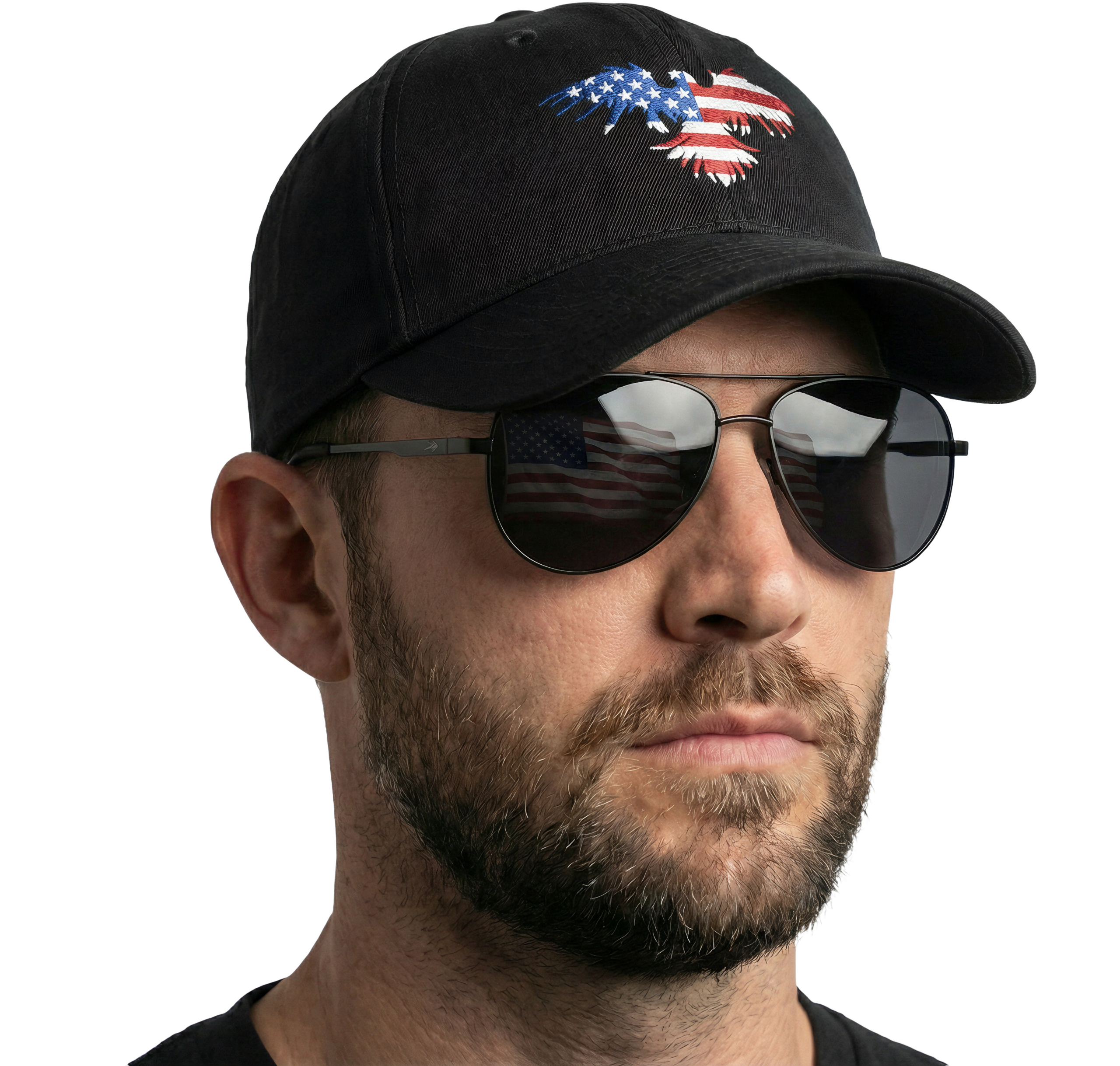 Hunter wearing american flag bold eagle baseball hat wearing sunglasses reflecting american flag in it