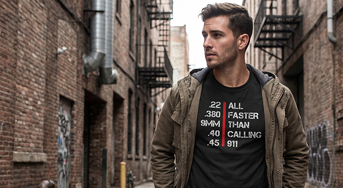 Young man wearing patriotic second amendment t-shirt and a jacket
