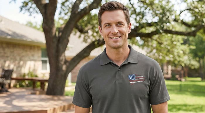 American patriot wearing patriotic polo shirt with American flag on left chest