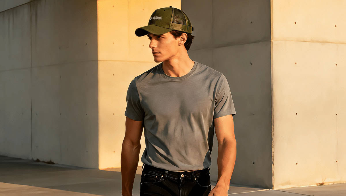 Man wearing olive green military trucker hat styled with white t-shirt and jeans demonstrating casual everyday outfit
