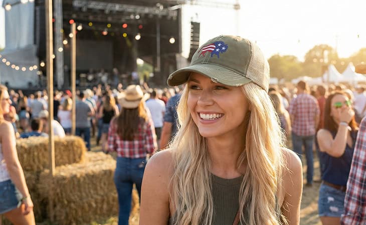 Pretty girl at a concert venue wearing Rugged Trucker Hat with american flag bison.