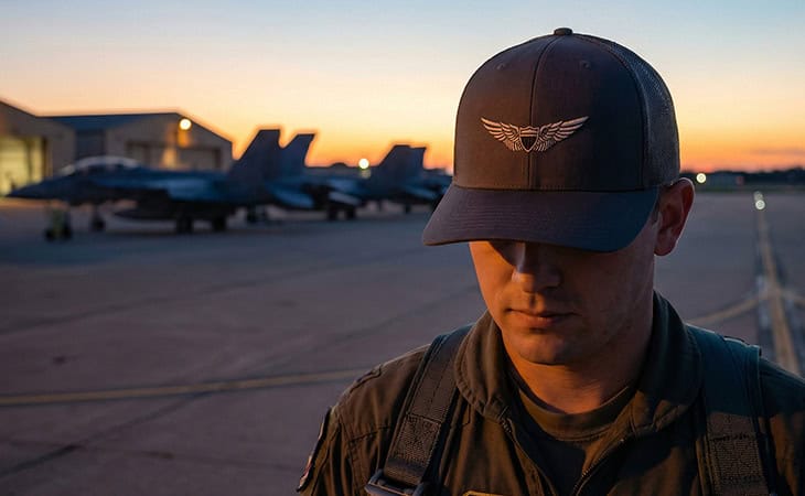 Military pilot wearing pilot wings trucker hat at he airport at the dawn.
