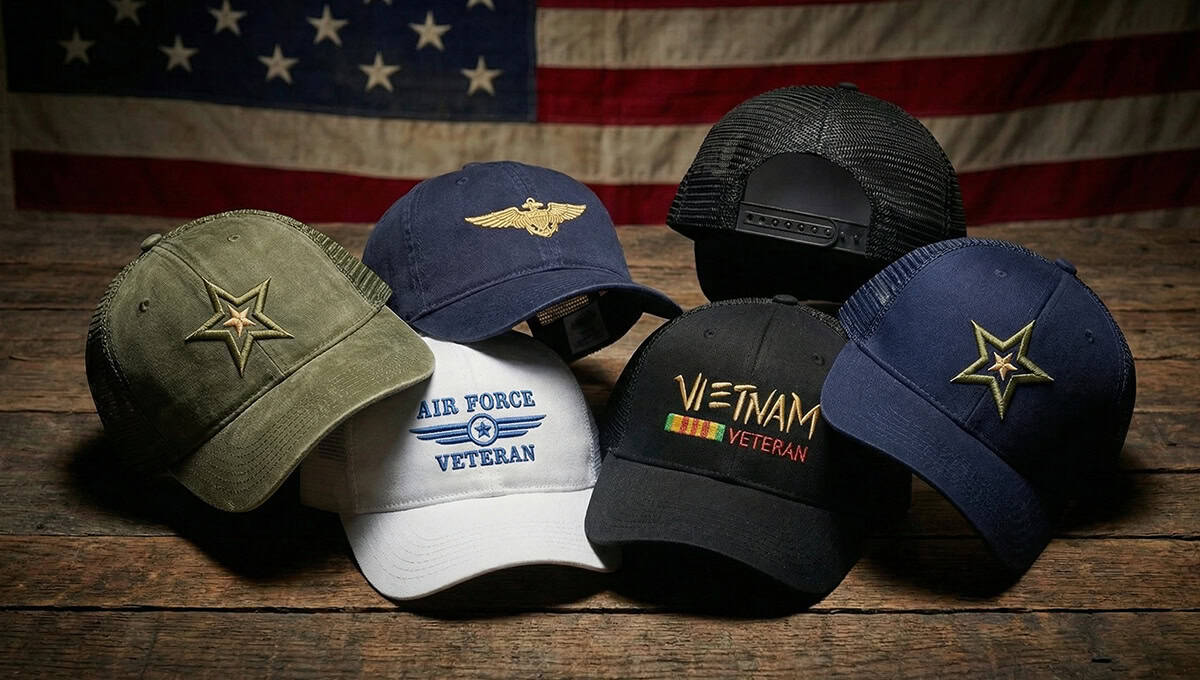 Military trucker hats collection featuring Army Navy Air Force Marine Corps and Coast Guard embroidered designs with mesh back snapback construction