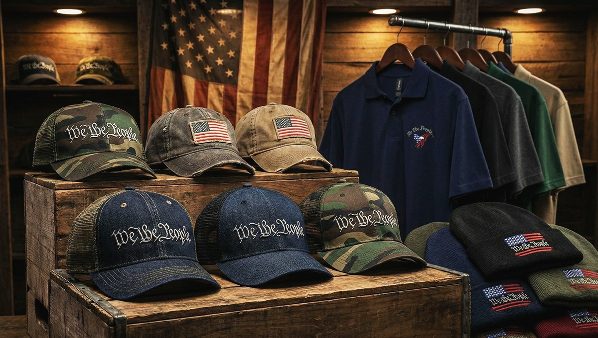 We The People constitutional apparel collection featuring trucker hats, baseball caps, hoodies and beanies with American flag designs from America2Wear
