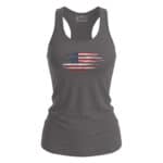 American flag graphic on women's gray tank top, patriotic apparel for Independence Day or casual wea.