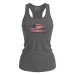 Distressed American flag design on women's patriotic summer tank top.