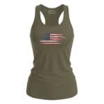 American flag distressed design on olive green women's tank top, patriotic apparel for Independence.