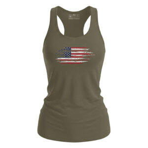 American flag distressed design on olive green women's tank top, patriotic apparel for Independence.