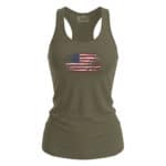 Distressed American flag printed women's tank top for patriotic summer wear.