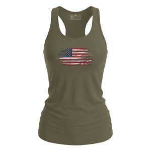 Distressed American flag printed women's tank top for patriotic summer wear.