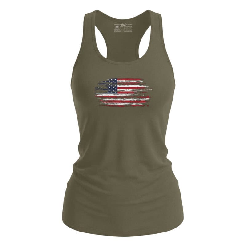American Flag Women's Tank Top Distressed American flag printed women's tank top for patriotic summer wear.