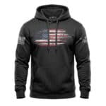 American flag hoodie with distressed design, heavy-duty mid-weight fleece, perfect for patriotic wear.