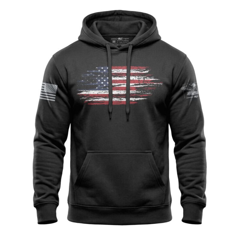 American flag hoodie with distressed design, heavy-duty mid-weight fleece, perfect for patriotic wear.