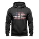 American flag hoodie with distressed patriotic design, heavy-duty mid-weight fleece for comfort and.
