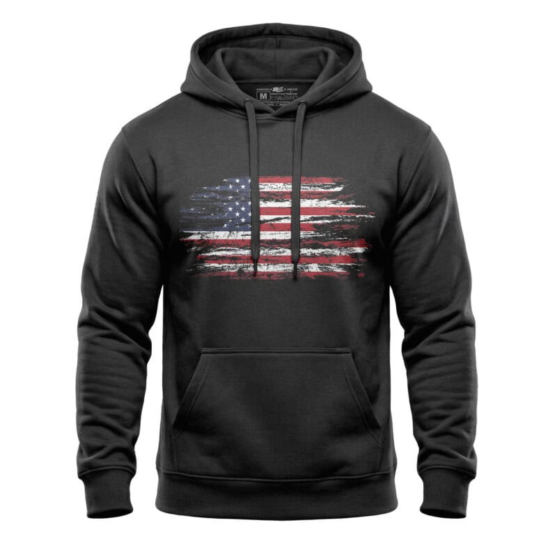 American flag hoodie with distressed patriotic design, heavy-duty mid-weight fleece for comfort and.