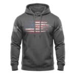 American flag hoodie with distressed design, heavy-duty mid-weight fleece, perfect for patriotic wear.