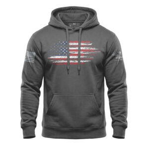 American flag hoodie with distressed design, heavy-duty mid-weight fleece, perfect for patriotic wear.