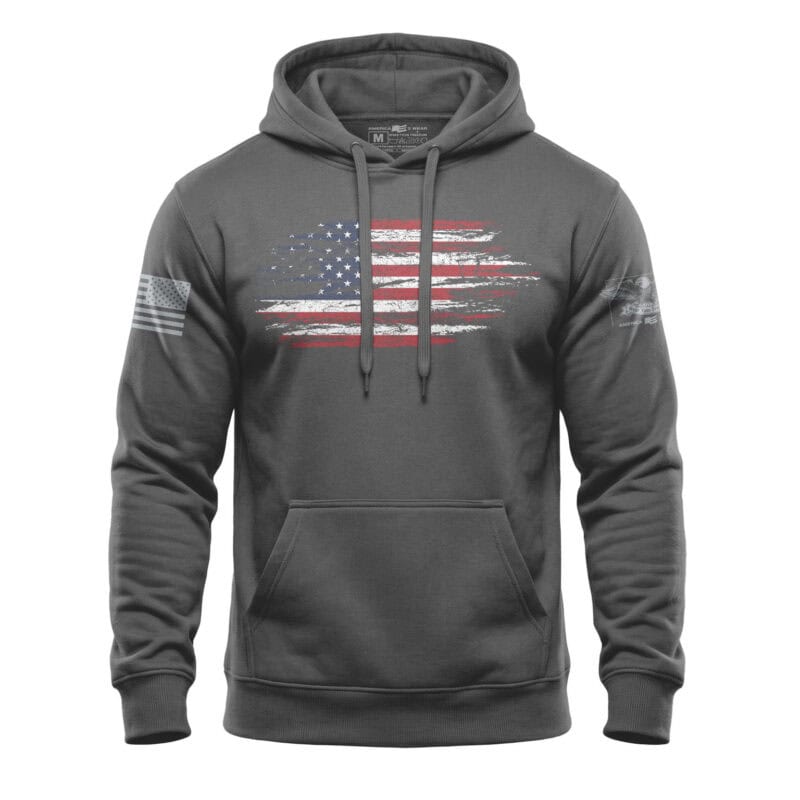 American flag hoodie with distressed design, heavy-duty mid-weight fleece, perfect for patriotic wear.
