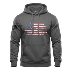 American flag hoodie with distressed design, heavy-duty mid-weight fleece, perfect for patriotic wea.