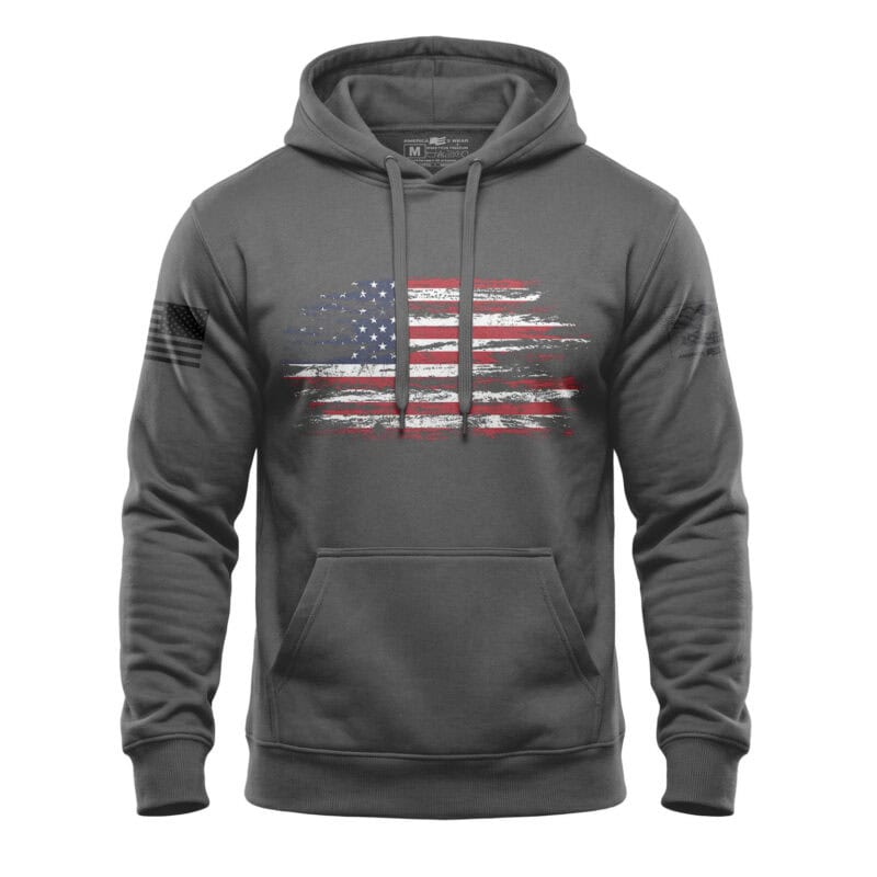 American flag hoodie with distressed design, heavy-duty mid-weight fleece, perfect for patriotic wea.