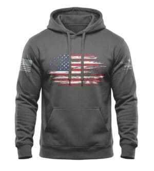 American flag hoodie with distressed design, patriotic heavy-duty fleece, perfect for American pride.