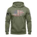 American flag hoodie with distressed design, heavy-duty mid-weight fleece, perfect for patriotic wear.