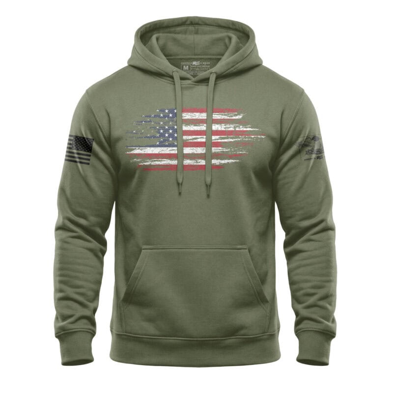 American flag hoodie with distressed design, heavy-duty mid-weight fleece, perfect for patriotic wear.
