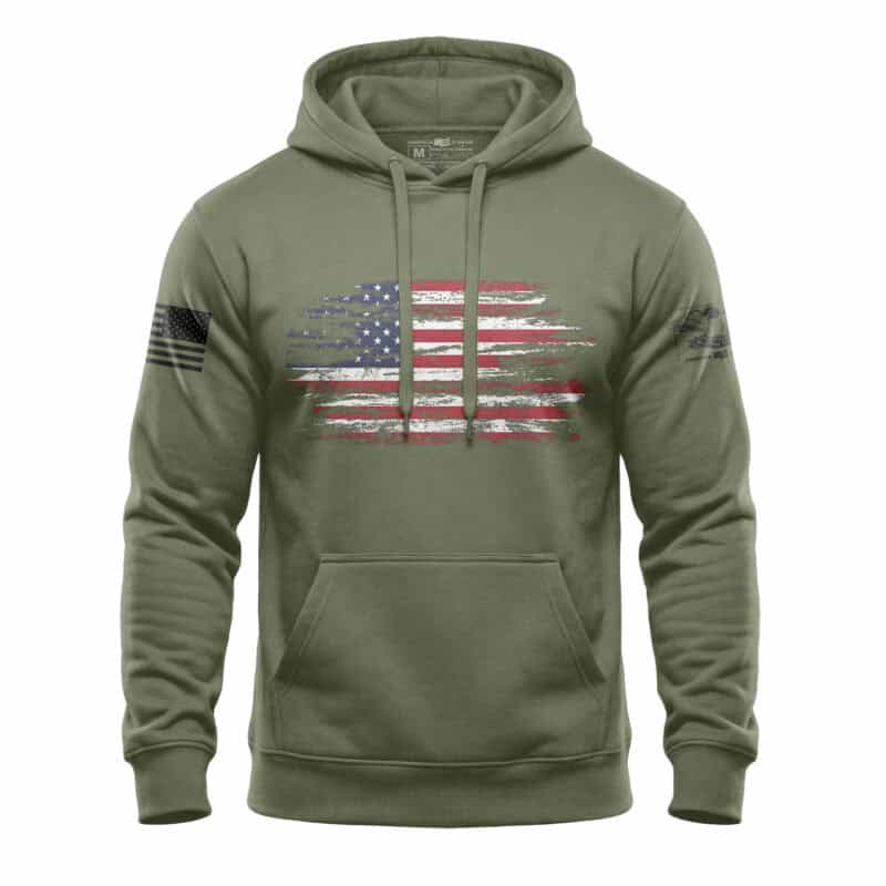 Patriotic distressed American flag hoodie with heavy-duty mid-weight fleece for comfort and durabili.