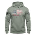 American flag hoodie with distressed design, perfect for patriotic wear and casual style.
