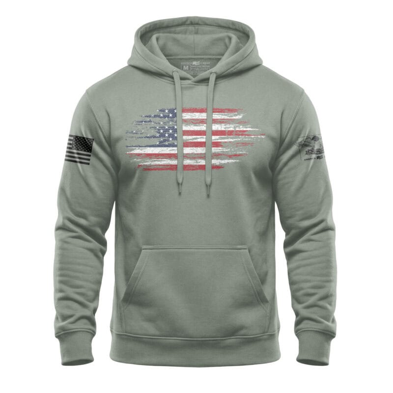 American flag hoodie with distressed design, perfect for patriotic wear and casual style.