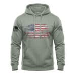 American Flag Hoodie with distressed patriotic design, heavy-duty mid-weight fleece for comfort and.