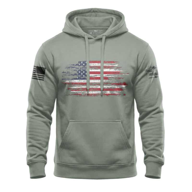 American Flag Hoodie with distressed patriotic design, heavy-duty mid-weight fleece for comfort and.