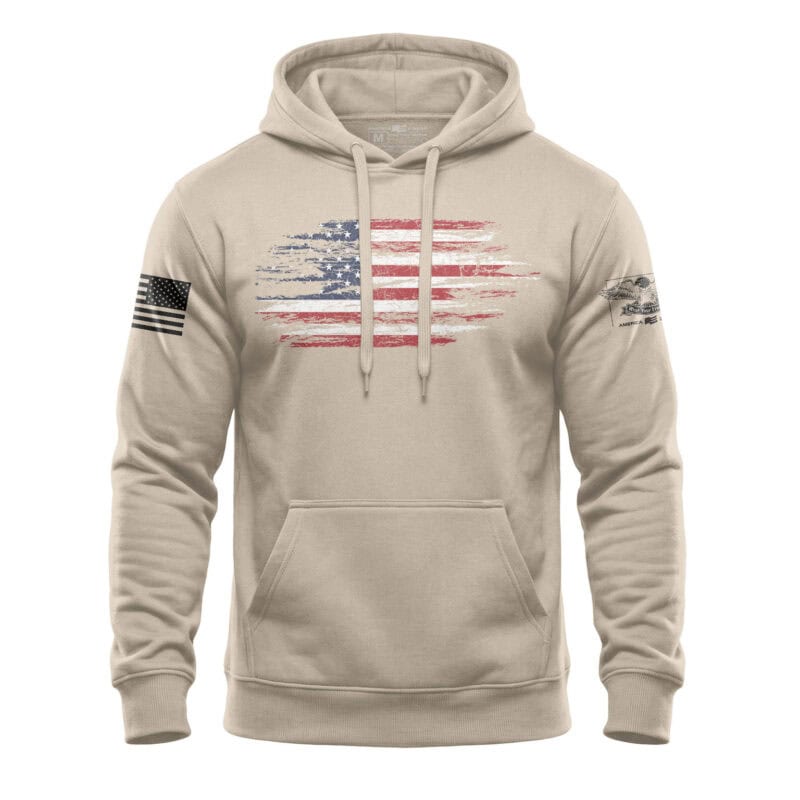 USA flag hoodie with distressed American flag design, patriotic apparel for men and women.