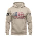 Patriotic distressed American flag hoodie with durable mid-weight fleece, perfect for showing nation.