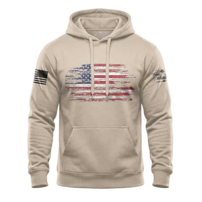 Patriotic distressed American flag hoodie with durable mid-weight fleece, perfect for showing nation.