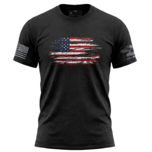 American flag distressed graphic T-shirt, large 11-inch print, patriotic apparel for men.