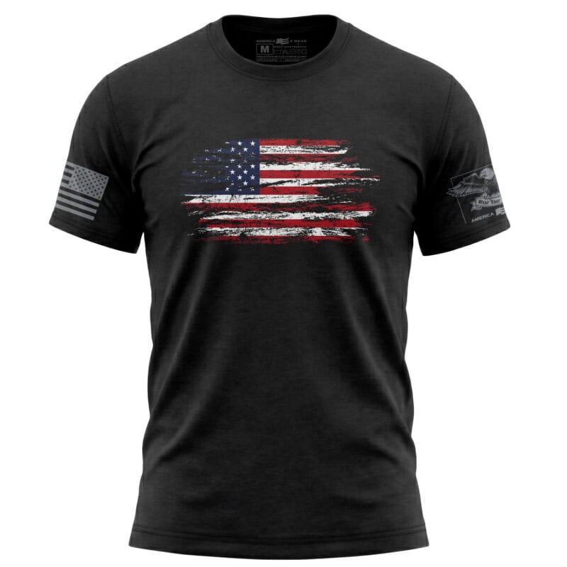 American flag distressed graphic T-shirt, large 11-inch print, patriotic apparel for men.