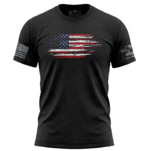 American flag distressed graphic T-shirt, large 11-inch print, patriotic apparel for men.