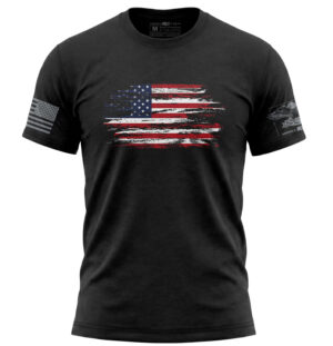 American flag distressed graphic T-shirt, large 11-inch print, patriotic casual wear for men.