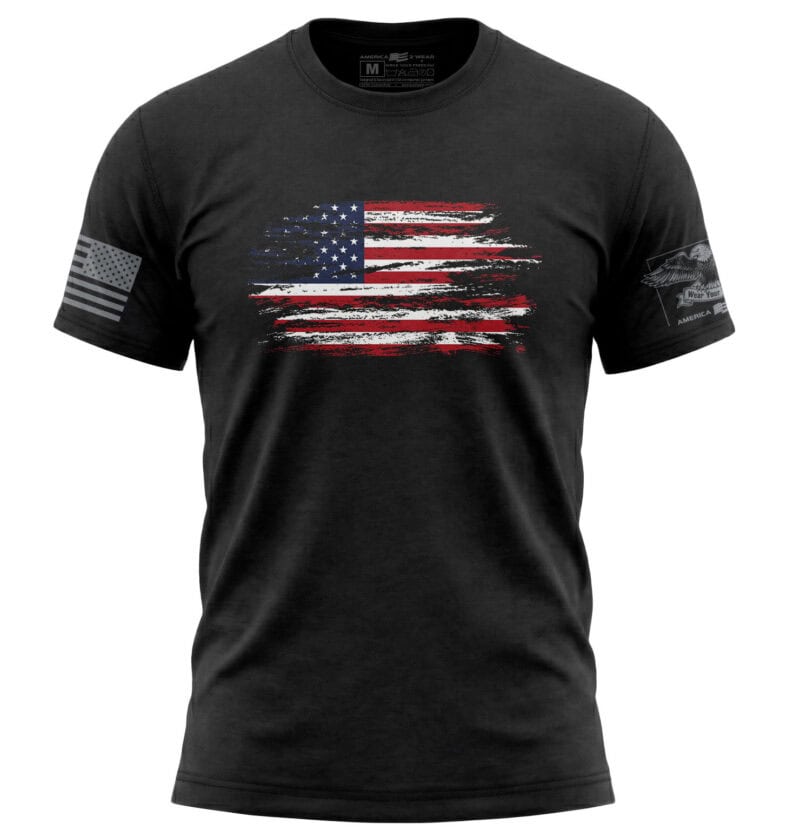 Distressed American Flag T-Shirt - Large 11-Inch Graphic American flag distressed graphic T-shirt, large 11-inch print, patriotic casual wear for men.