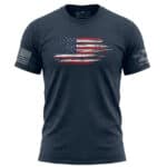 Men's navy blue T-shirt with American flag graphic and patriotic sleeve patch.