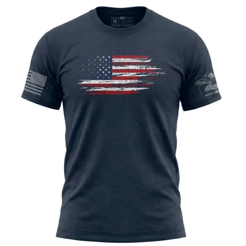 Men's navy blue T-shirt with American flag graphic and patriotic sleeve patch.