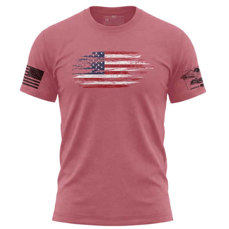 Red T-shirt featuring a distressed American flag graphic for patriotic style.