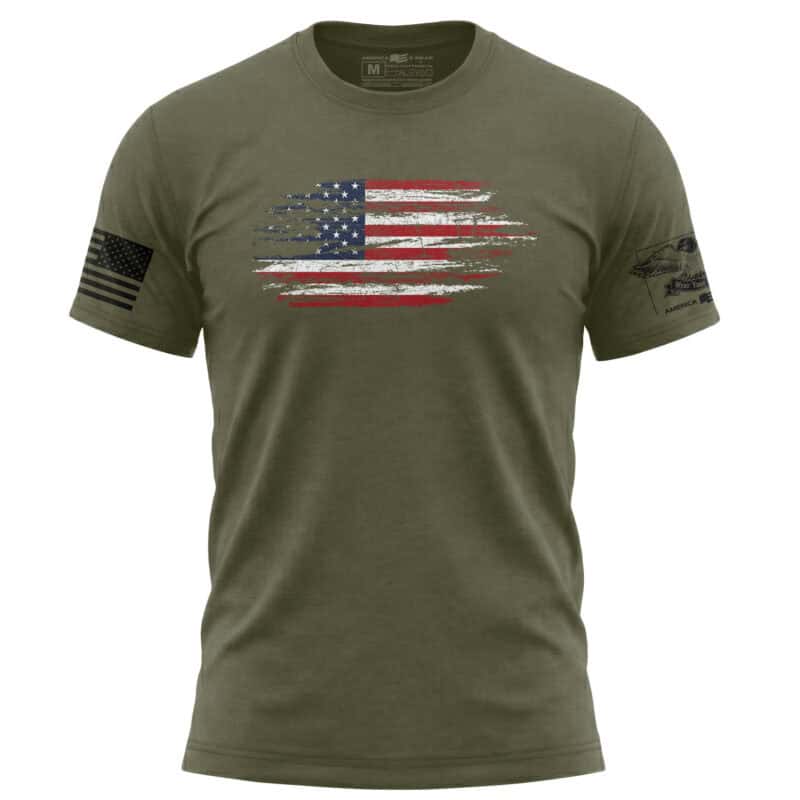 Olive green T-shirt with distressed American flag graphic, patriotic casual wear.