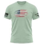 Men's American flag t-shirt with distressed flag design and patriotic patches.