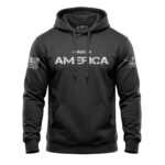 Patriotic hoodie with "Made in America" text and American flag graphics on sleeves.