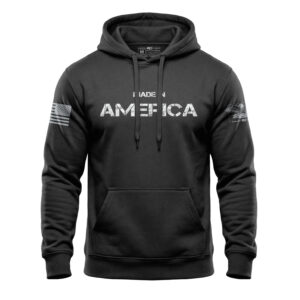 Patriotic hoodie with "Made in America" text and American flag graphics on sleeves.