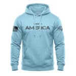 Patriotic hoodie with American flag and eagle patches, perfect for showing national pride.