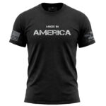 Black "Made in America" T-shirt with American flag and patriotic design.